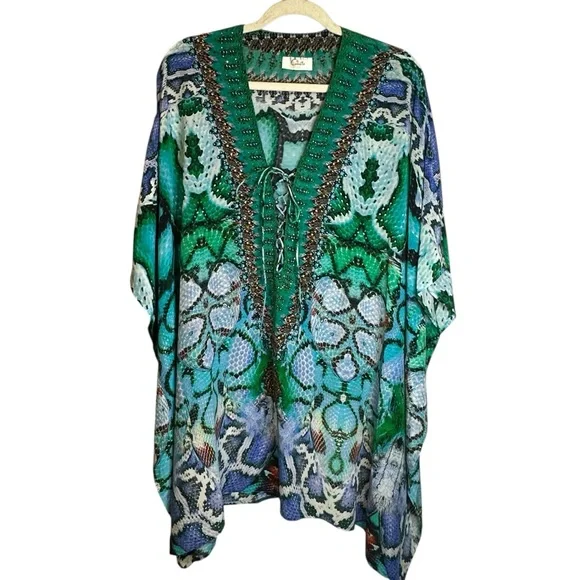 Camilla Los Pozas Short Lace Up Kaftan A Land Of Wonder 100% Silk Revolve Sequin - Picture 2 of 15